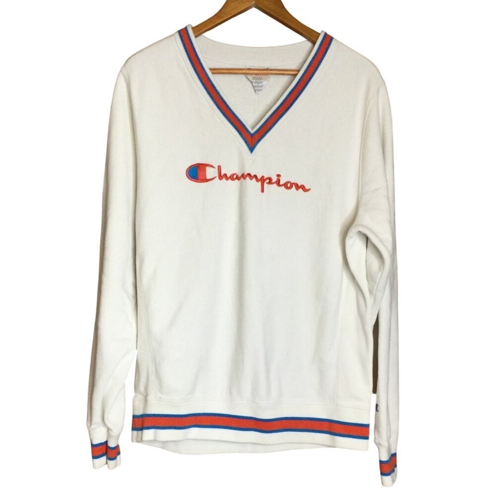 VTG Champion Heritage V-Neck Sweatshirt Sweater Size M Varsity Stripes Old Money